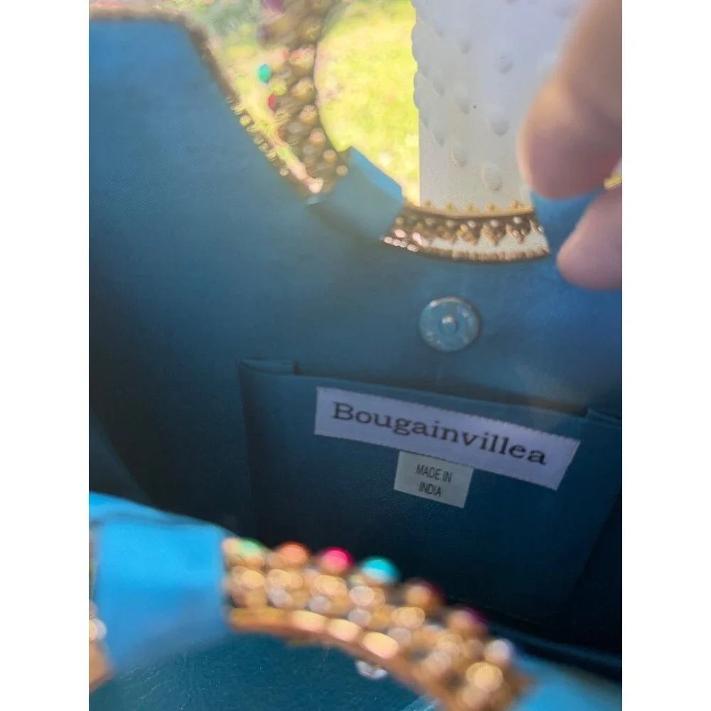 Beaded Turquoise evening bag with multicolor rhinestone handle